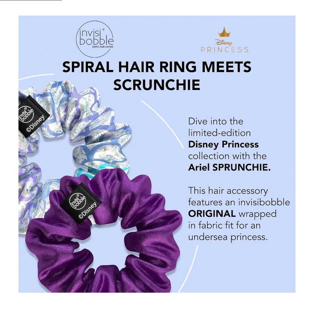 BNIB DISNEY INVISIBOBBLE STYLE ICON ARIEL PRINCESS 2 SCRUNCHIES PURPLE & SPARKLE